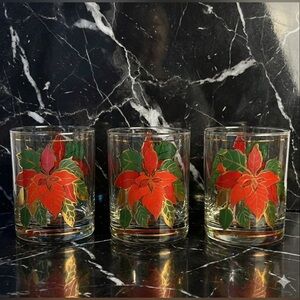 Vintage Culver 22K Gold Poinsettia Glasses 3 Double Old Fashion